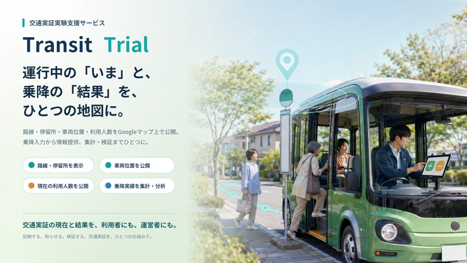 交通実証実験支援サービス Transit Trial｜乗降記録・路線と車両位置のGoogleマップ公開・集計分析