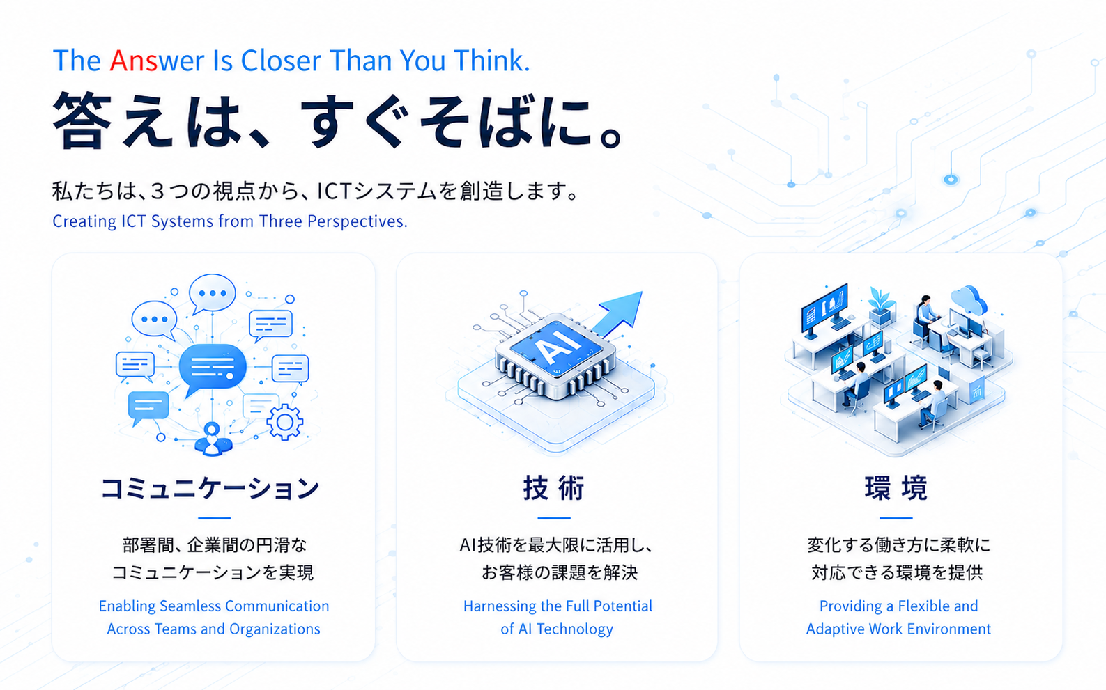 ANS株式会社。The Answer Is Closer Than You Think. 答えは、すぐそばに。 私たちは3つの視点から、新しい価値を創造し続けます。Creating New Value Through Three Perspectives. コミュニケーション：部署間、企業間の円滑なコミュニケーションを実現 Enabling Seamless Communication Across Teams and Organizations。技術：AI技術を最大限に活用し、お客様の課題を解決 Harnessing the Full Potential of AI Technology。環境：変化する働き方に柔軟に対応できる環境を提供 Providing a Flexible and Adaptive Work Environment